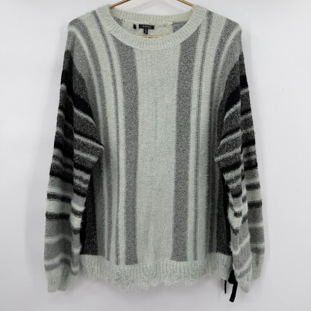 Buffalo David Bitton Women’s Fuzzy Striped Knit Winter Sweater Gray Mint Size M